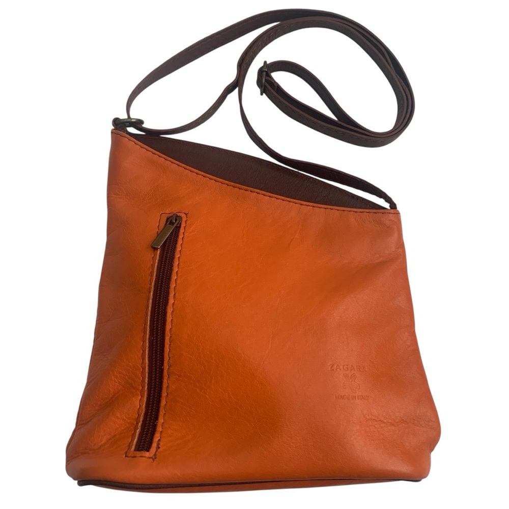 ZAGARA Orange and Brown Leather Asymmetrical Crossbody Shoulder Purse Bag